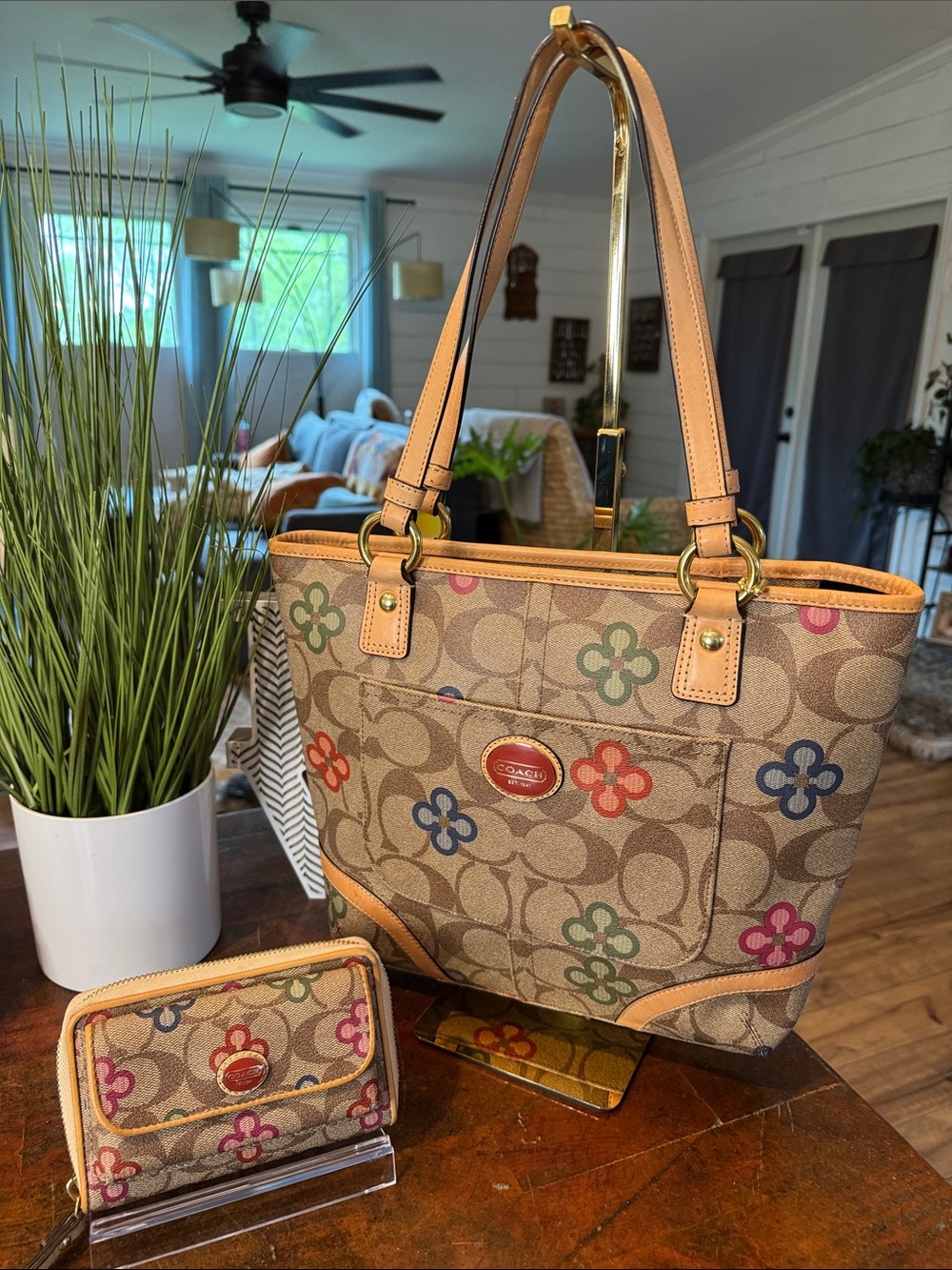 Coach Multicolor Floral Signature Canvas Wallet with Tan Trim - Picture 3 of 14